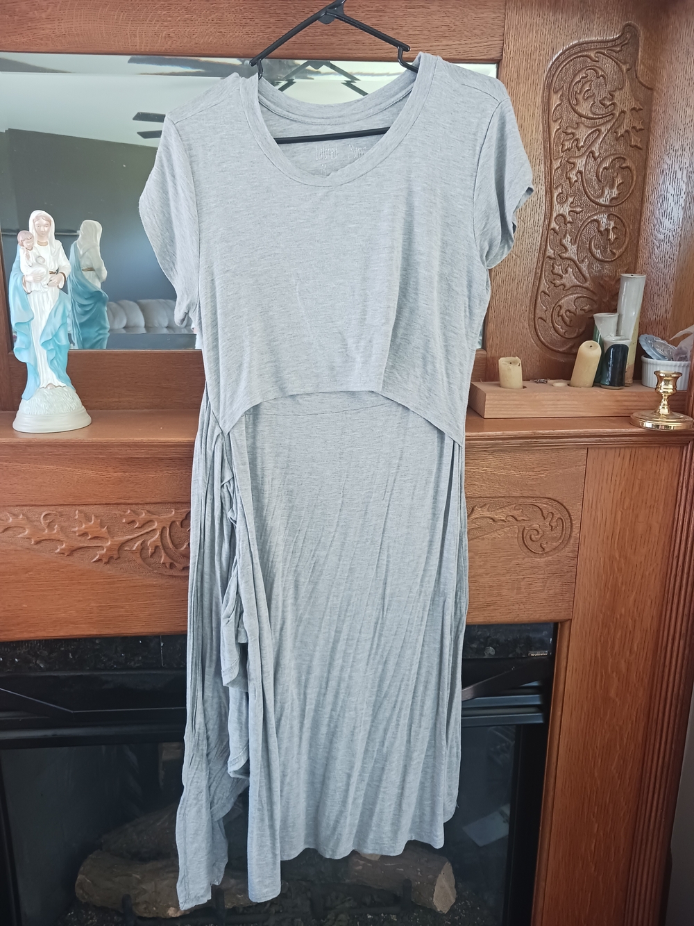 Latched Mama Cotton Light Gray Midi T Shirt Dress with Layered Front